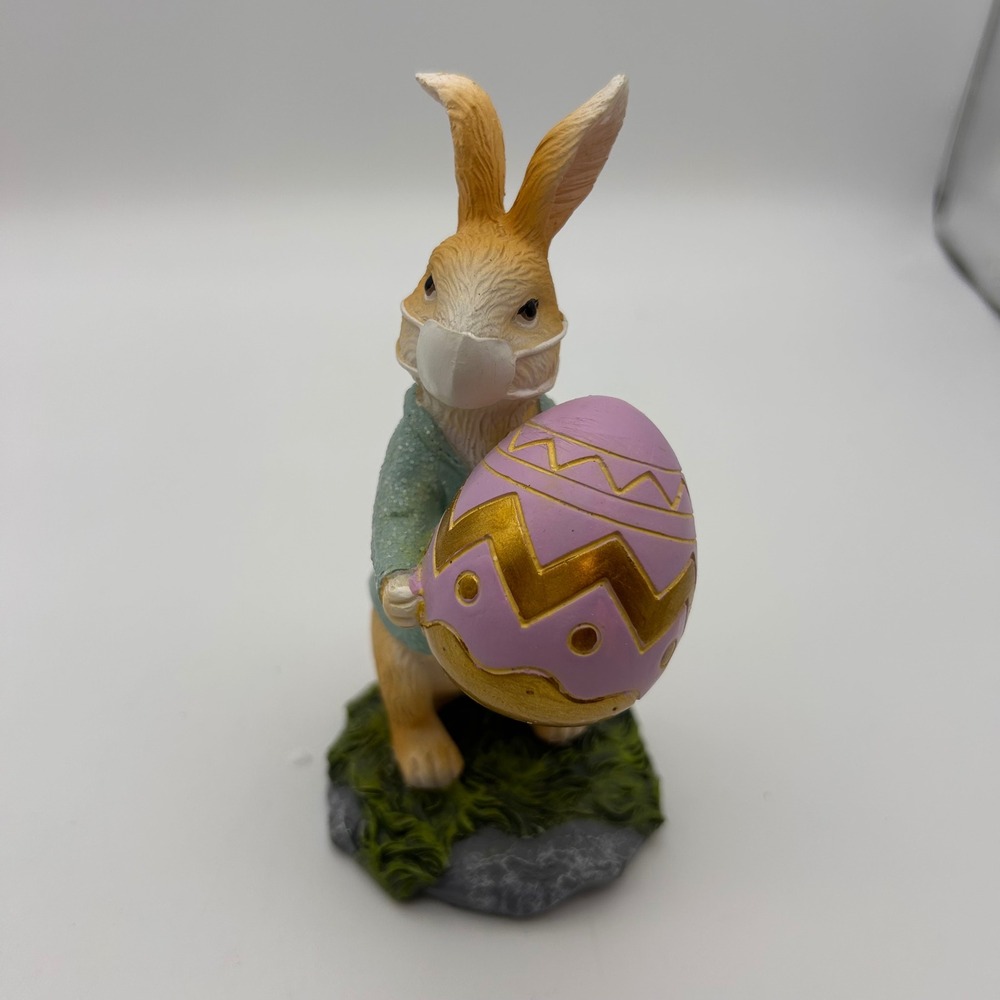 Easter Bunny Figurine Wearing Face‎ Mask Holding Purple Gold Egg Resin 5.5 Inch